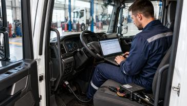 Как отключить AdBlue самому: механик подключает ноутбук к грузовику